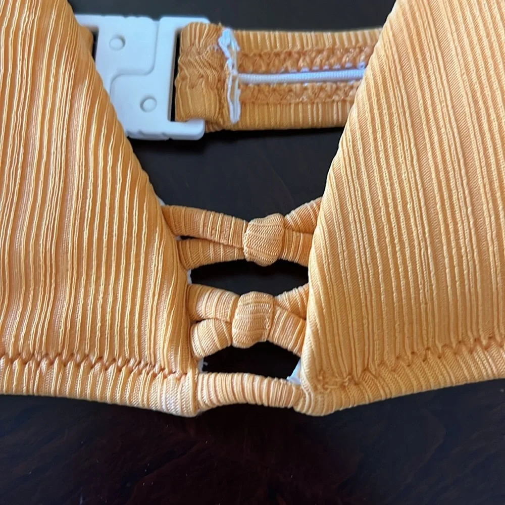 Marigold Yellow Ribbed Triangle Bikini Set Center Ladder Detail Cheeky Small - Picture 6 of 14